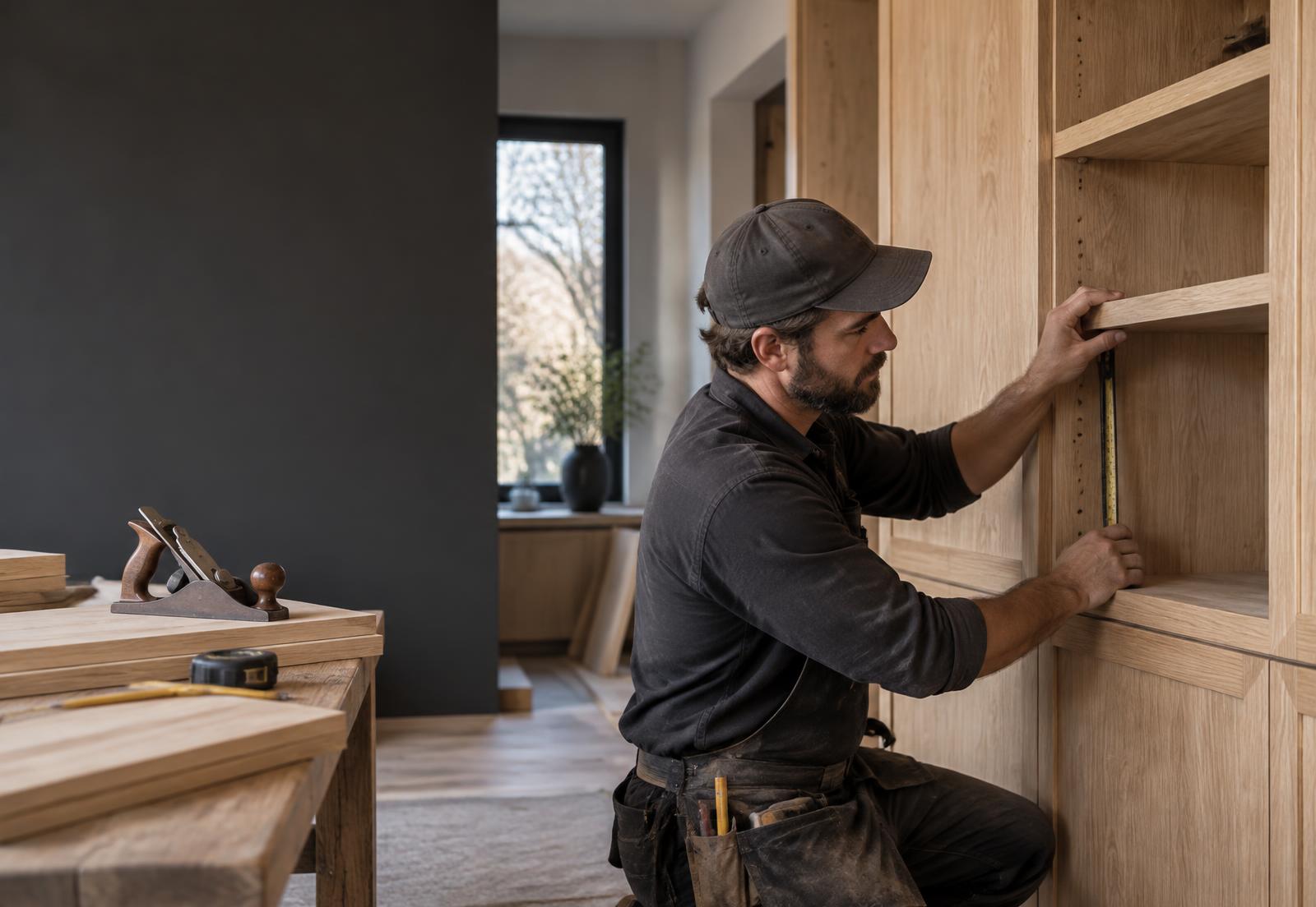 Carpenter carefully measuring a custom oak built-in cabinet