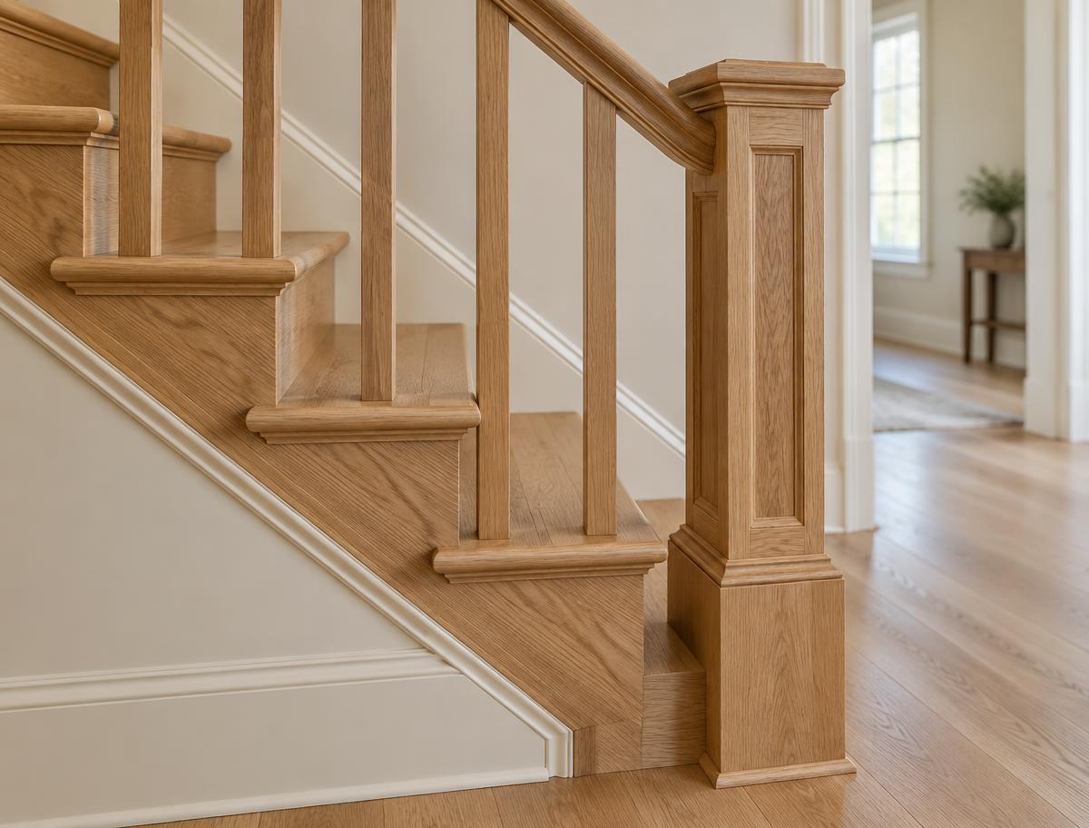 Finished oak staircase trim and detailed wood moulding