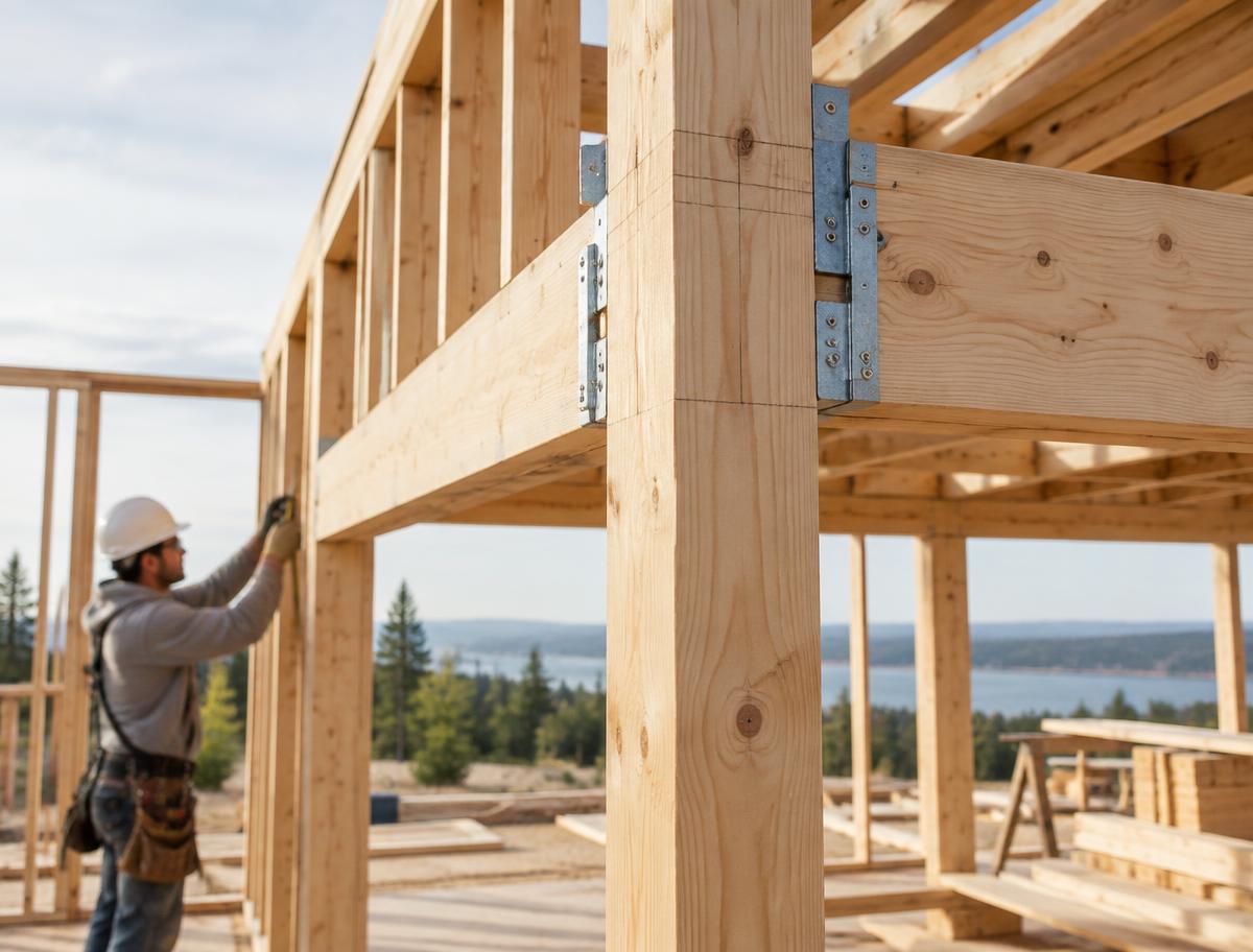 Precise residential timber framing at a clean construction site